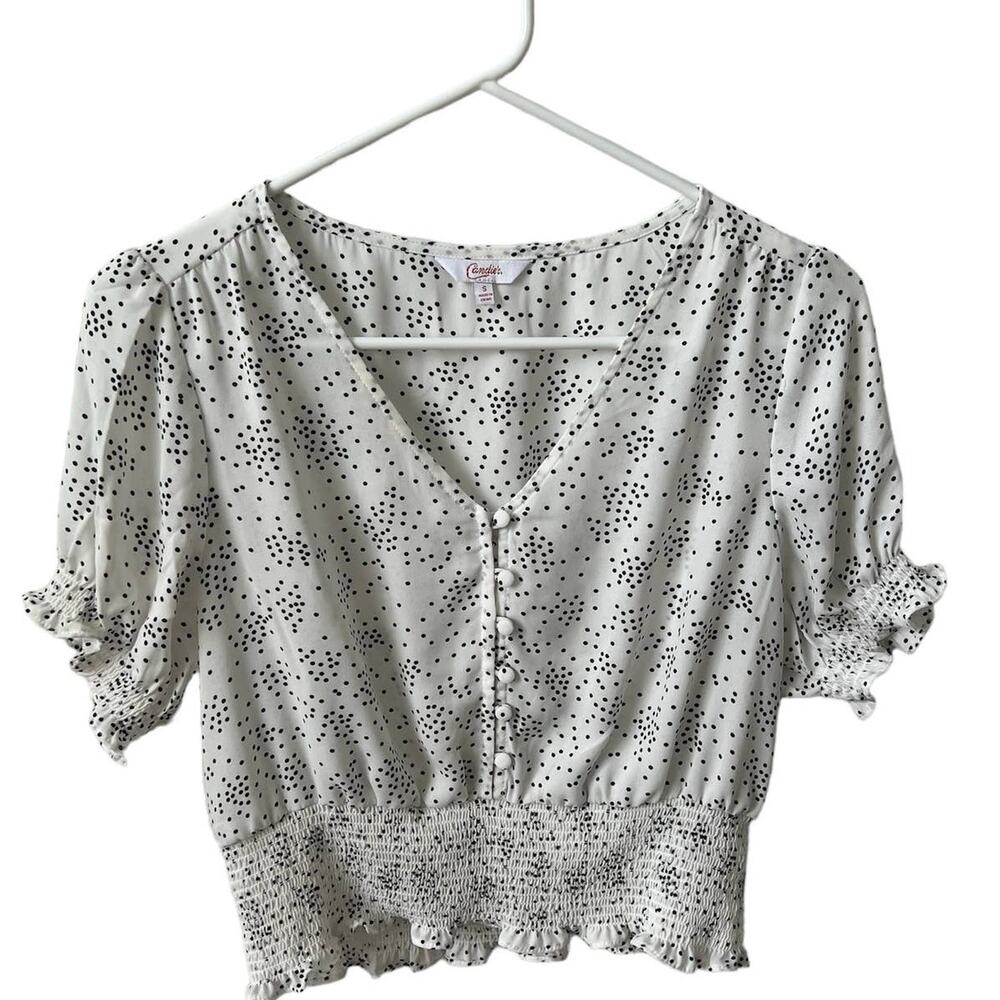 Women’s Cropped Short Sleeve Blouse V-Neck Polka Dot Button Front Size S